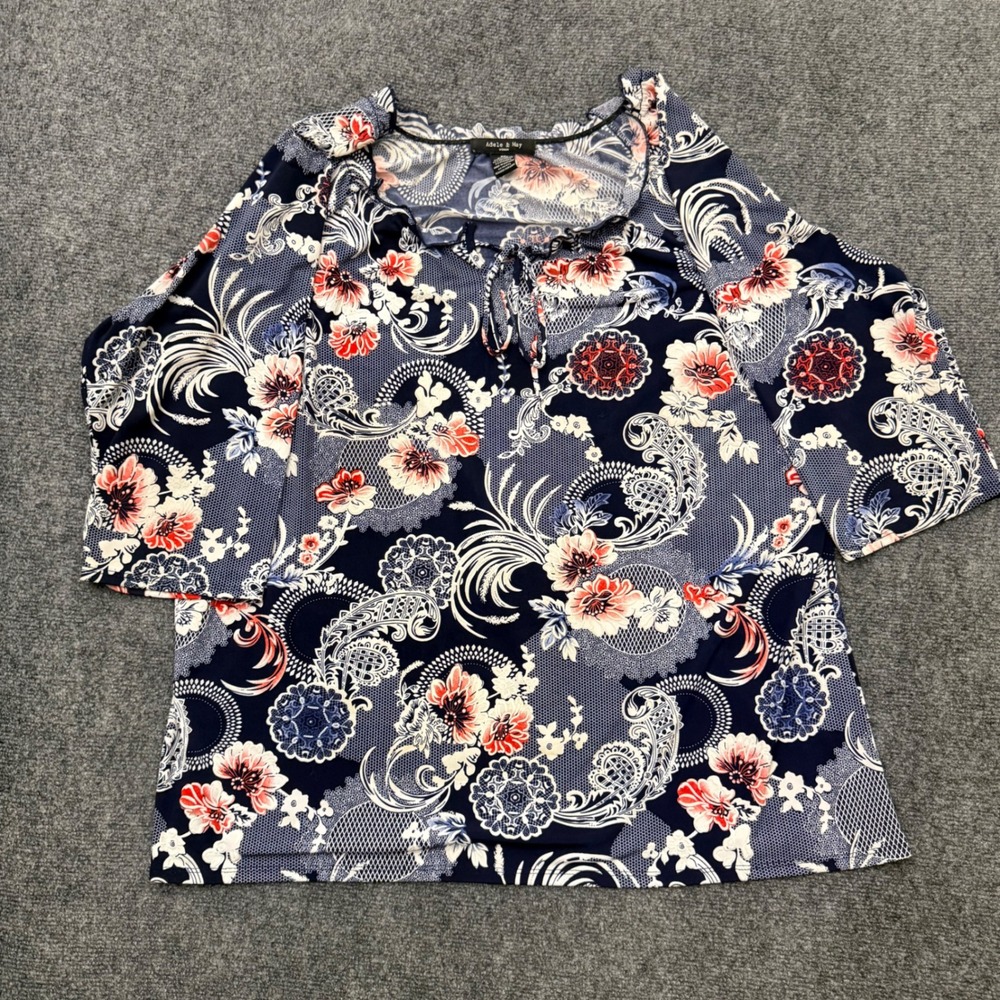 Adele & May Womens Plus Size 3X Floral Paisley Tunic Top 3/4 Sleeve Navy White
